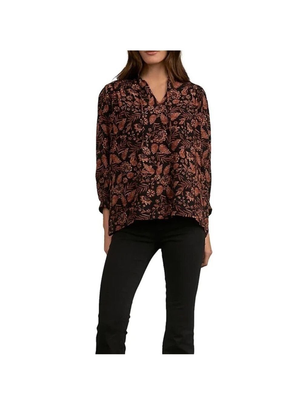 Elan Black Autumn Print Split Neck Top - Picture 2 of 11